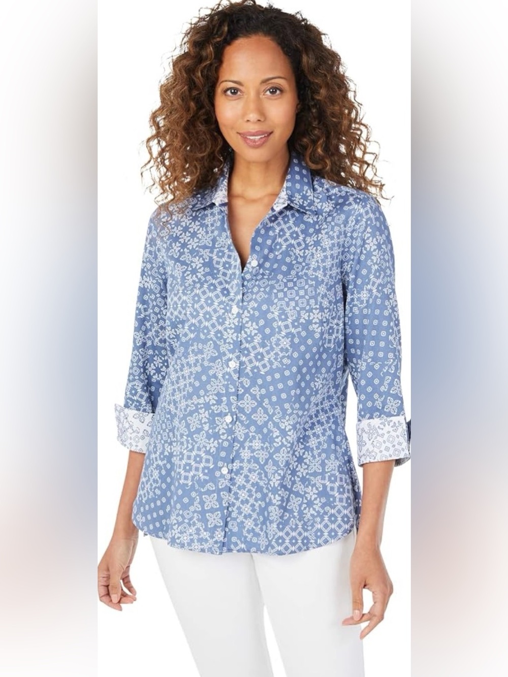 Foxcroft Wrinkle-Free Print Button Up Shirt Women’s Size 14 Office Coastal